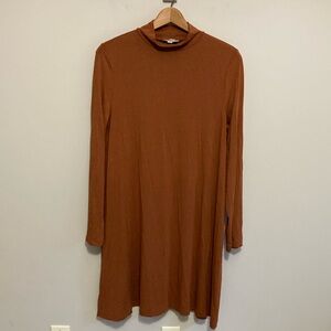 LOFT Mock Neck Burndt Orange Warm Brown Long Sleeve Dress, Size Medium